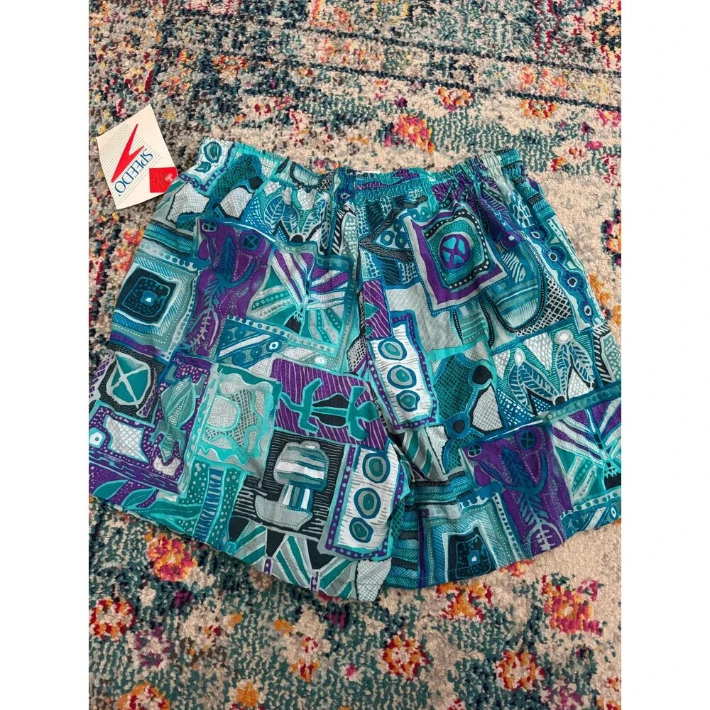 NEW Vintage 90s Speedo Lined Swim Trunks Abstract Geometric Size M Deadstock